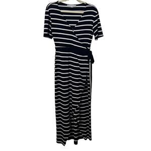 HYFVE SHORT SLEEVE, WRAP AROUND WAIST MAXI DRESS, WOMENS, L, NAVY/WHITE STRIPES